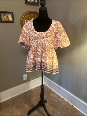 Anthropologie White and Rust Paisley Babydoll Blouse